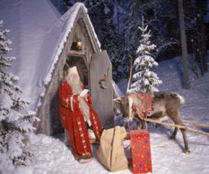 Puzzle Άγιος Βασίλης στην πόρτα του σπιτιού του με ταράνδους και δώρα